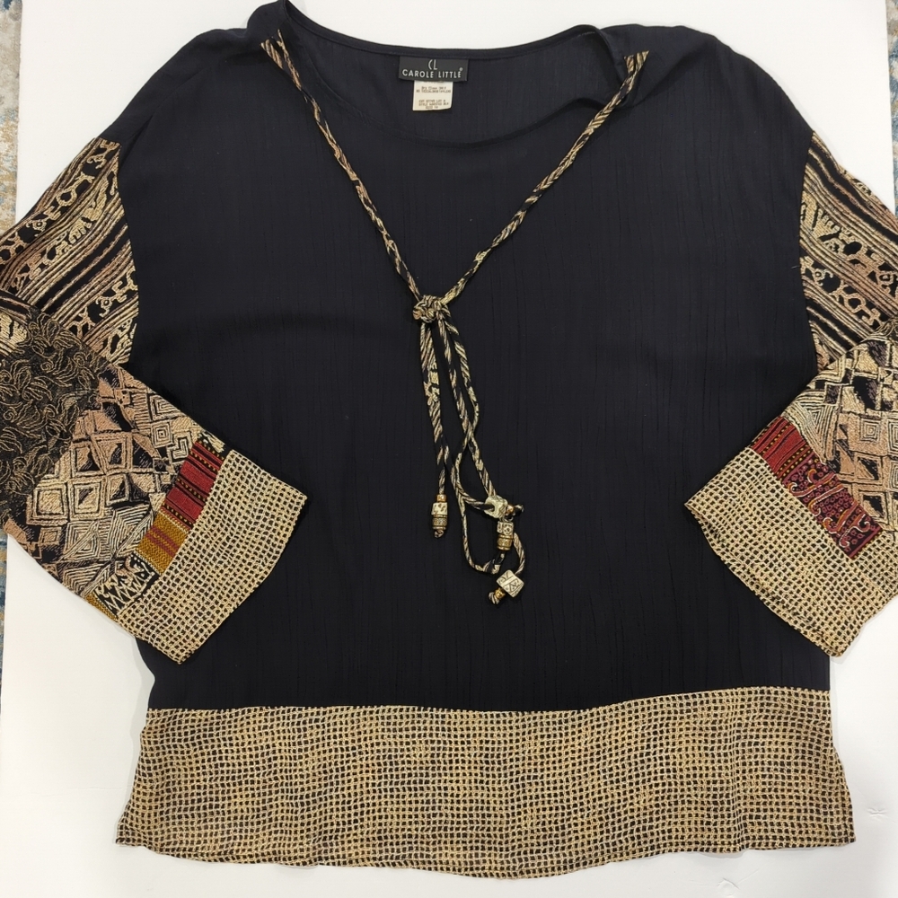 Vintage Carole Little Black and Tan Patterned Blouse - Women's 16 Tribal Animal - Picture 9 of 14